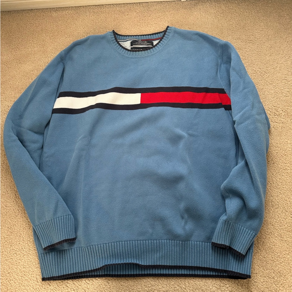 Tommy Hilfiger Light Blue Crewneck Sweater with Red, White & Black Stripe - Picture 1 of 3